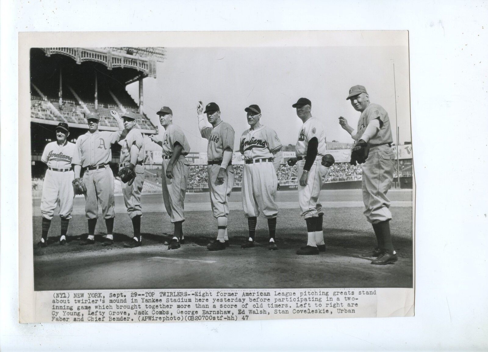 Original October 1 1947 Old Timers Day Pitchers 6 X 9 Wire Photo