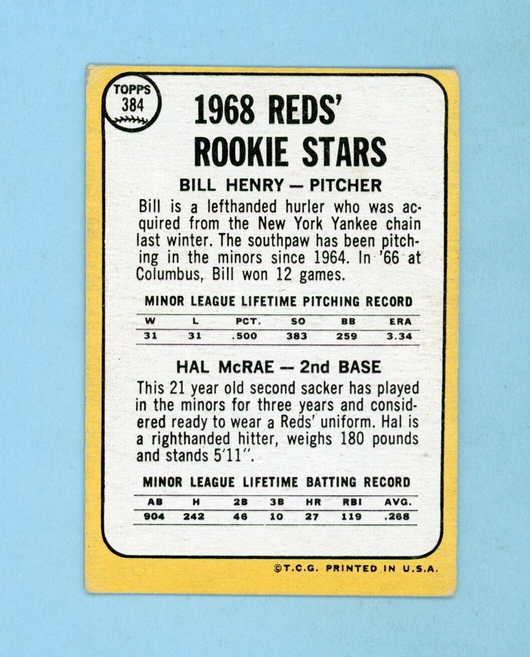 1968 Topps #384 Hal McRae Cincinnati Reds Rookie Baseball Card VG