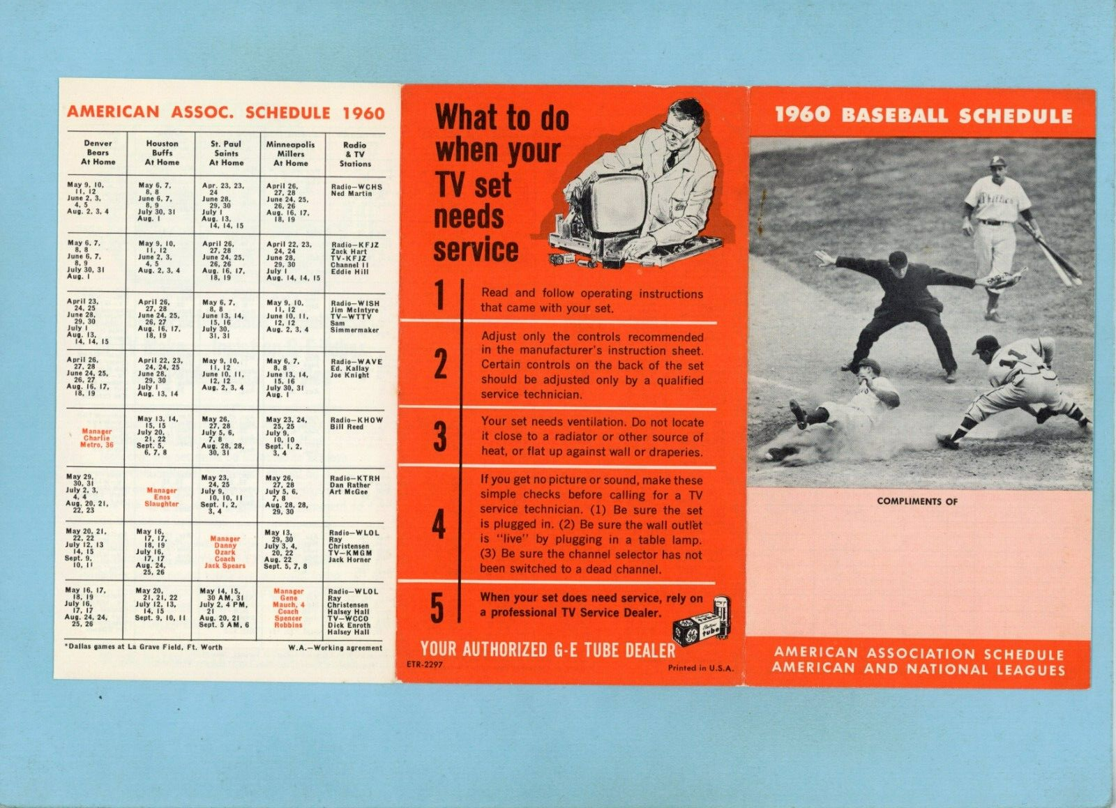 1960 Baseball Schedule American, National Leagues & American Association