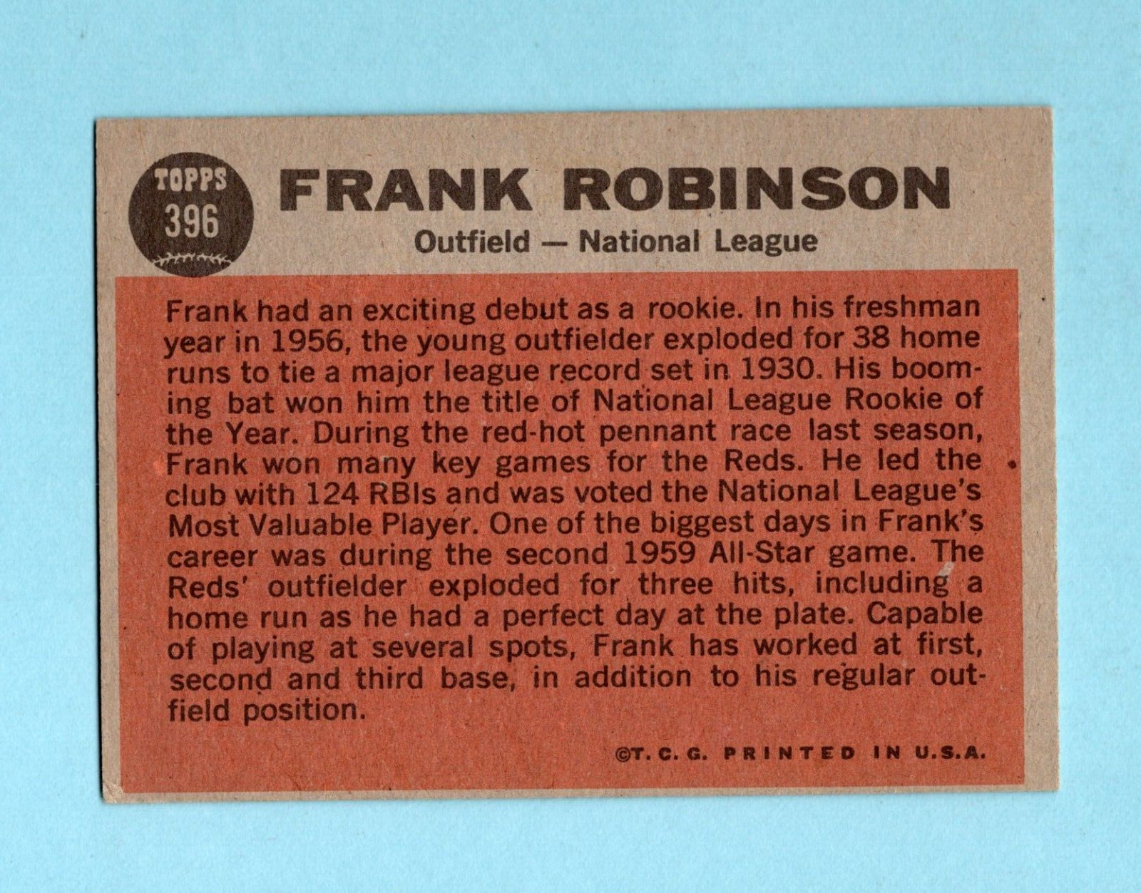 1962 Topps #396 Frank Robinson All-Star Cincinnati Reds Baseball Card EX