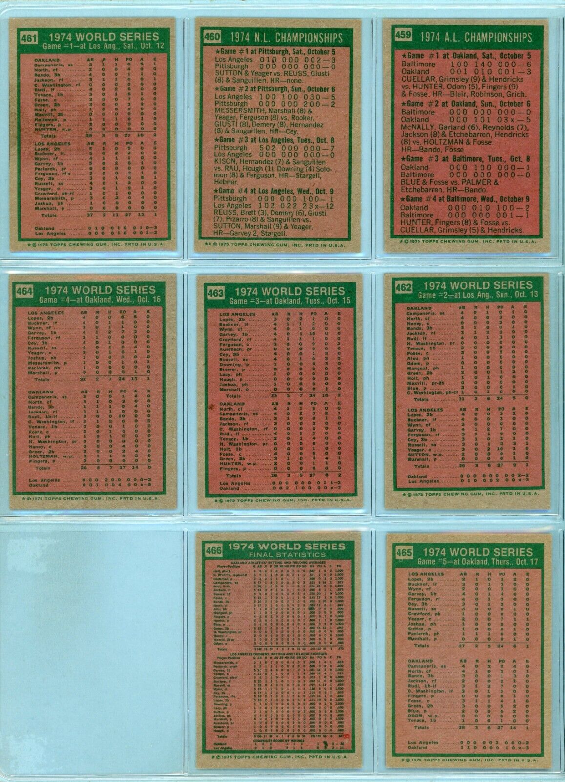 1975 Topps Set of 8 1974 ALCS, NLCS, World Series Special Baseball Cards EX-EX+