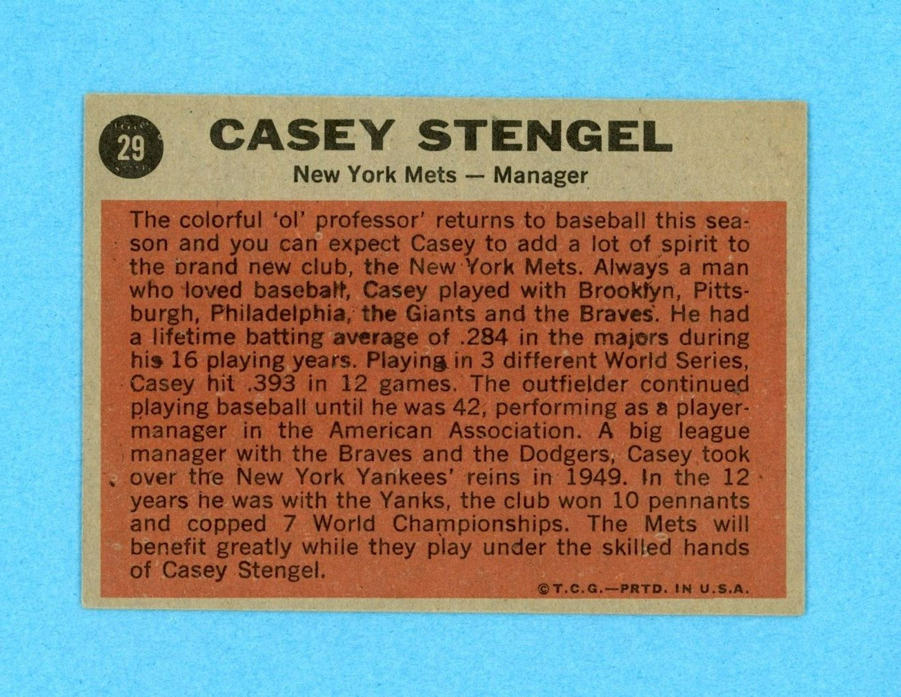 1962 Topps #29 Casey Stengel New York Mets Baseball Card EX twrse