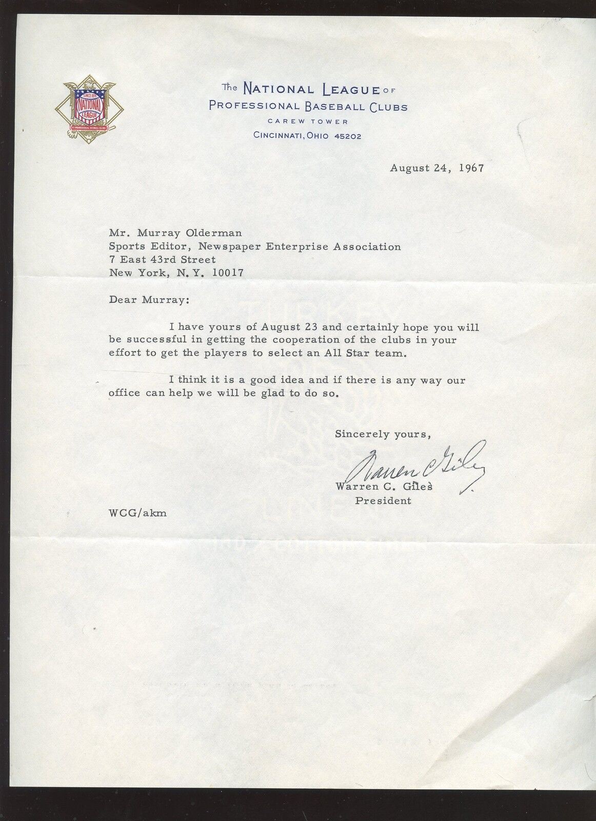 August 24 1967 Warren Giles National League Signed Letter To Murray Olderman 