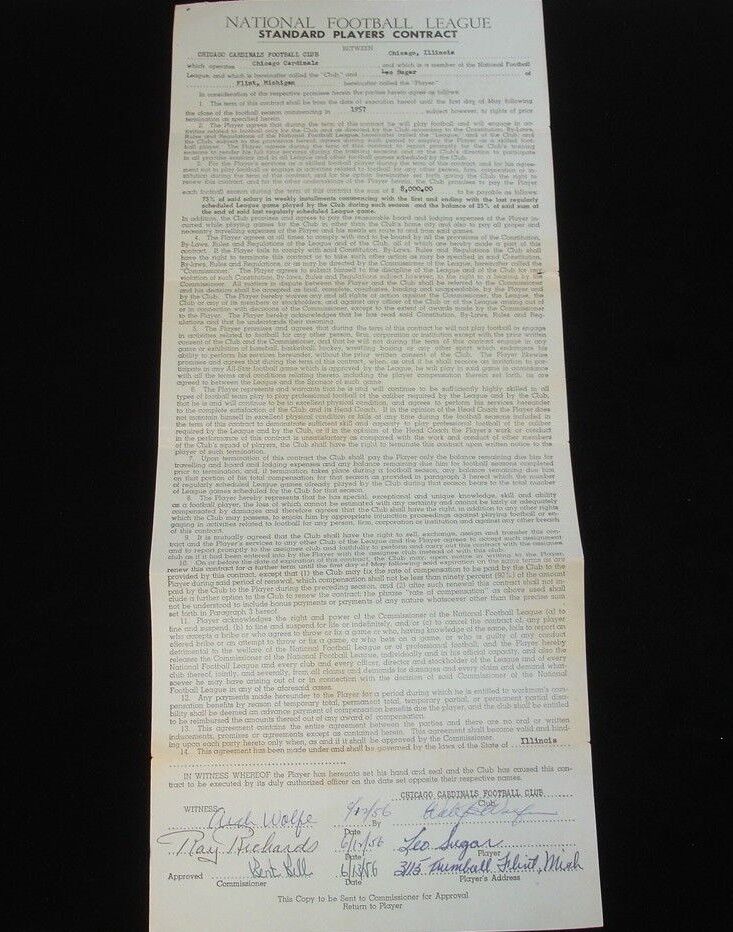 Original 1957 Leo Sugar Chicago Cardinals Signed NFL Players Contract