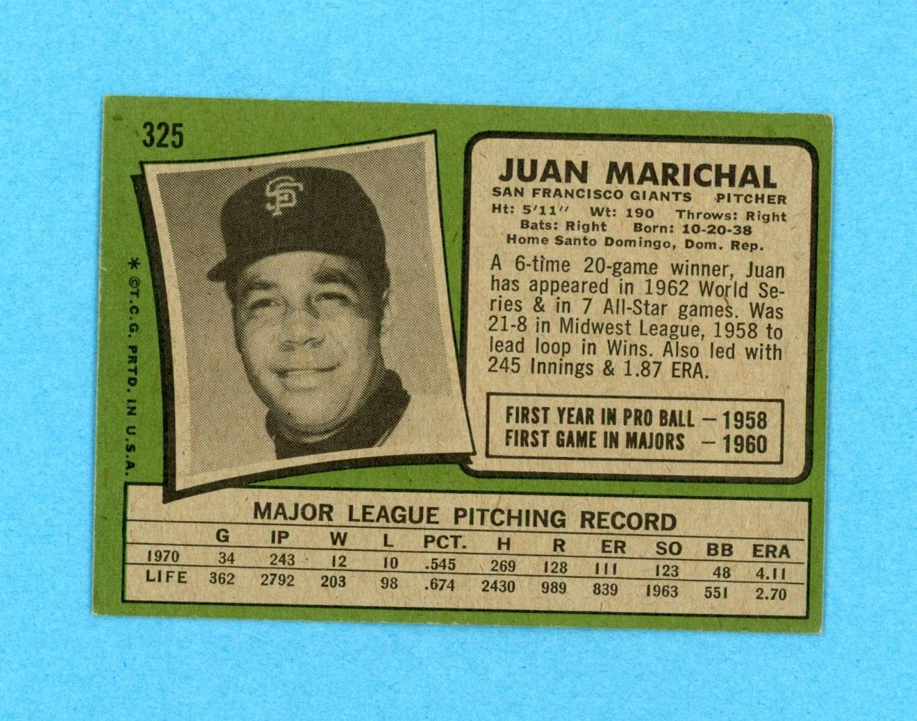 1971 Topps #325 Juan Marichal San Francisco Giants Baseball Card EX+