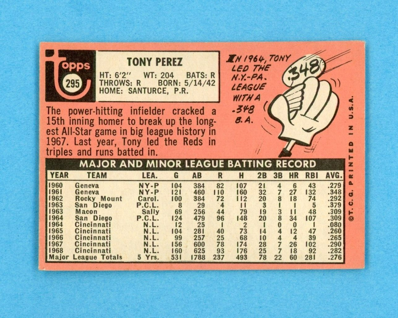 1969 Topps #295 Tony Perez Cincinnati Reds Baseball Card Vg/Ex