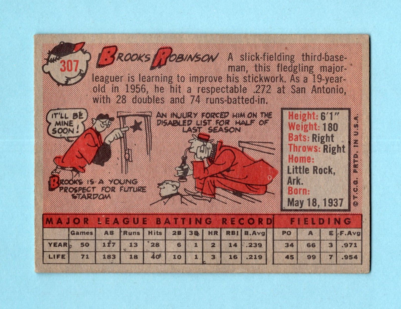 1958 Topps #307 Brooks Robinson Baltimore Orioles Baseball Card EX