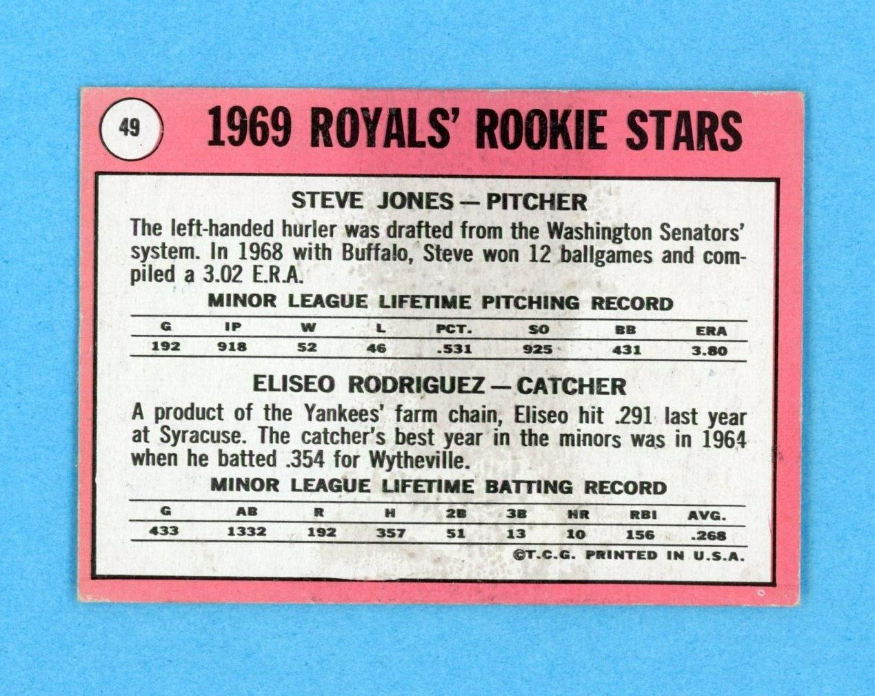 1969 Topps #49 Royals Rookie Stars Baseball Card Ex-Ex+ wrk quez variation