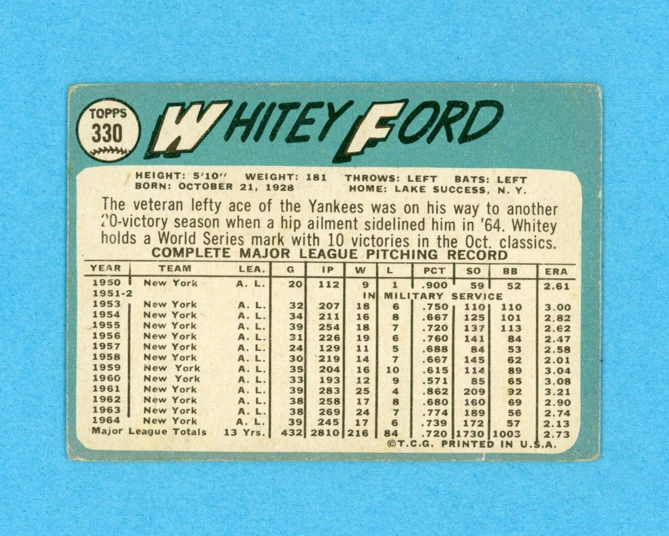 1965 Topps #330 Whitey Ford New York Yankees Baseball Card Low Grade