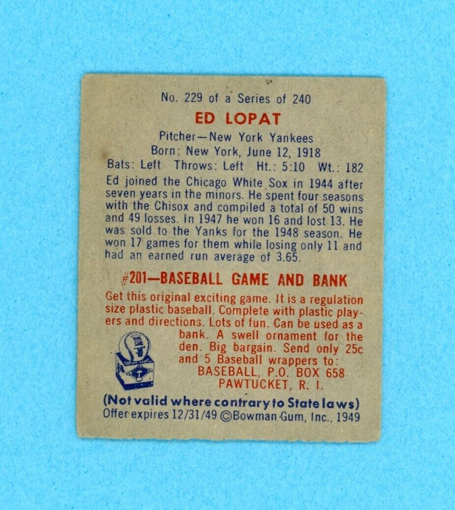 1949 Bowman #229 Ed Lopat New York Yankees Rookie Baseball Card Low Grade