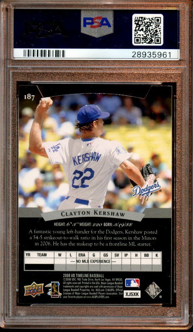 2008 Upper Deck Timeline SP Baseball Card #187 Clayton Kershaw PSA 6 EXMT