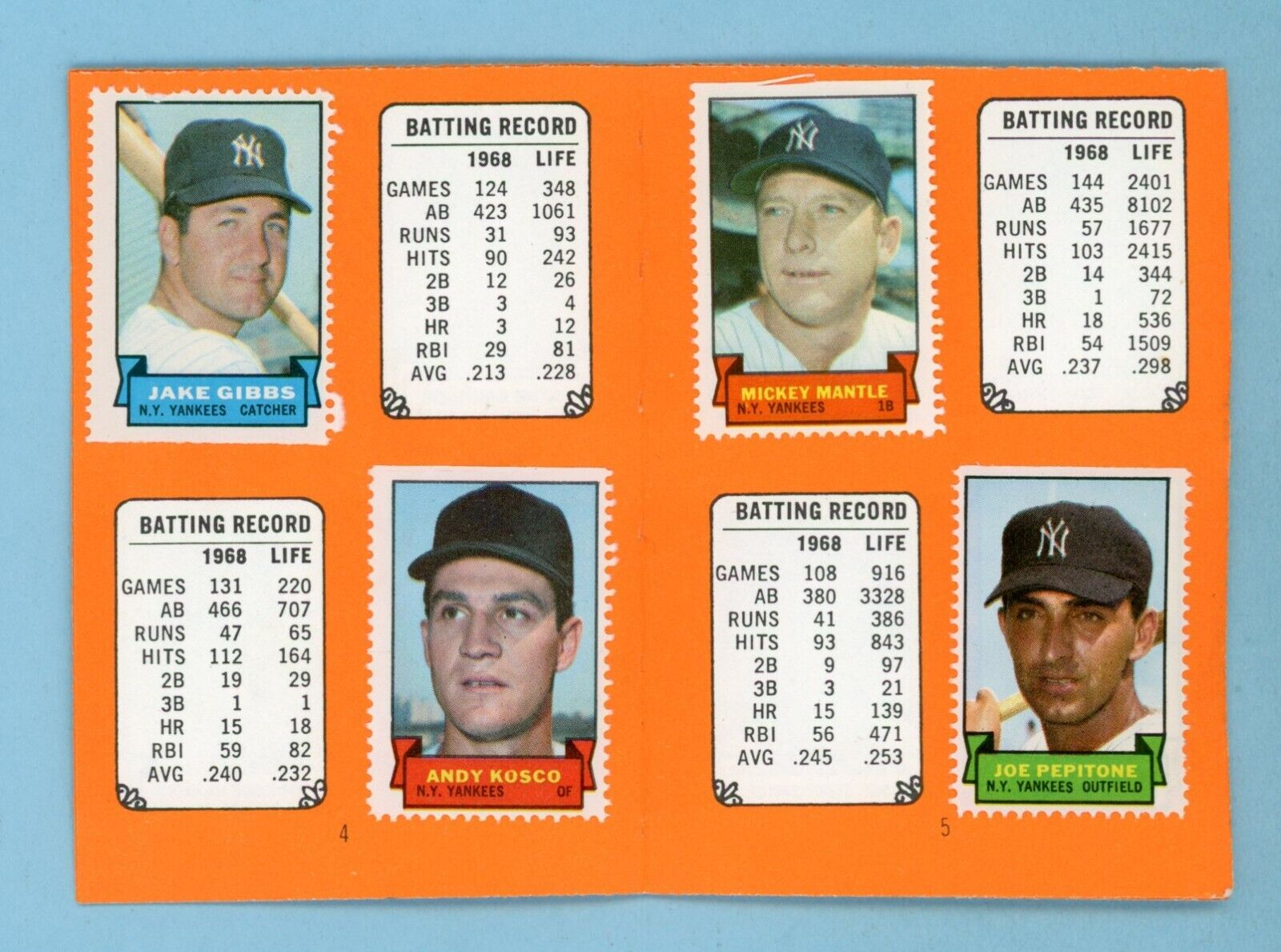 1969 Topps New York Yankees Stamp Album with 7 Stamps Mickey Mantle & others