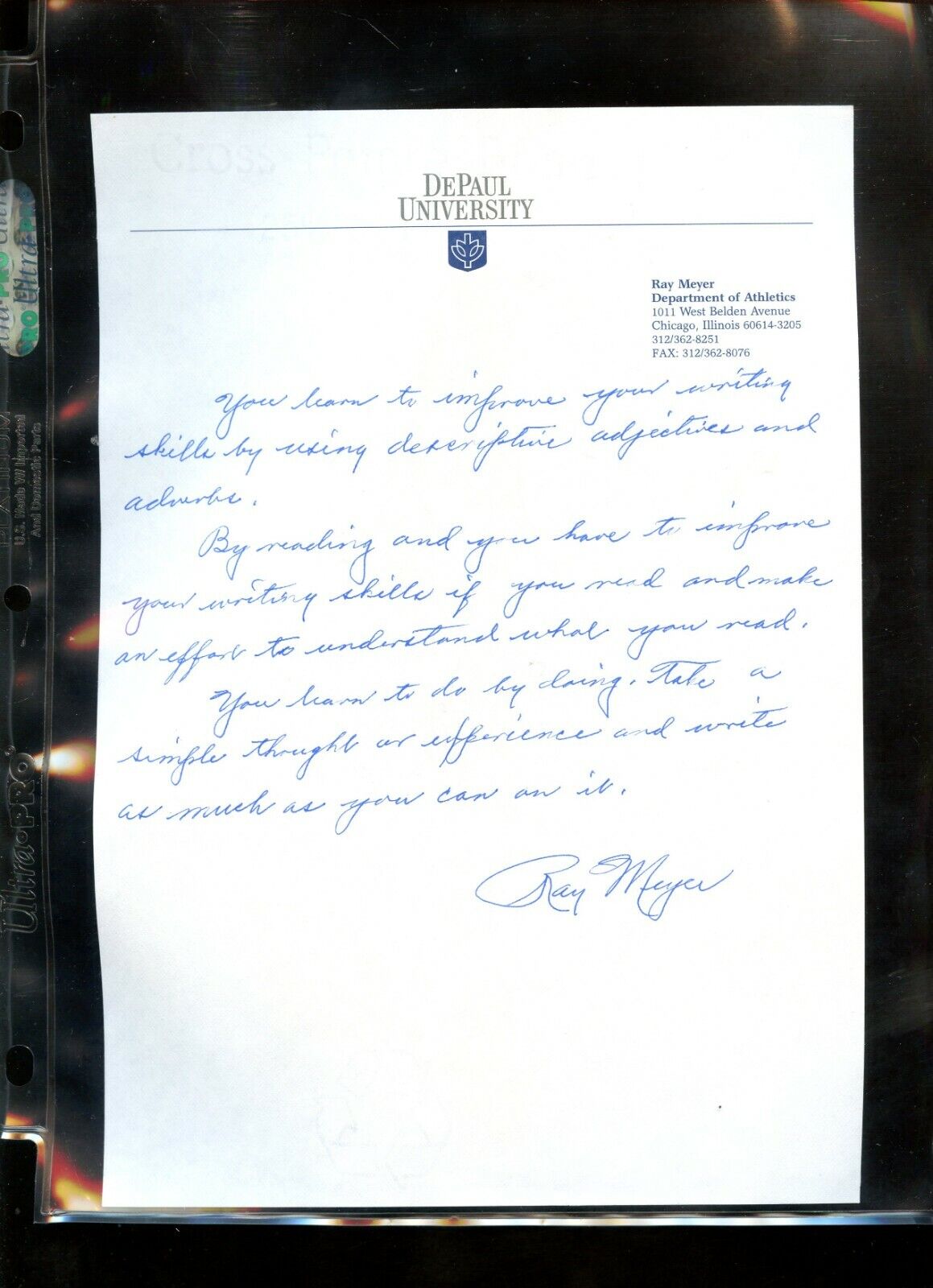 Ray Meyer DePaul University HOF Coach HANDWRITTEN & SIGNED Letter w/ hologram