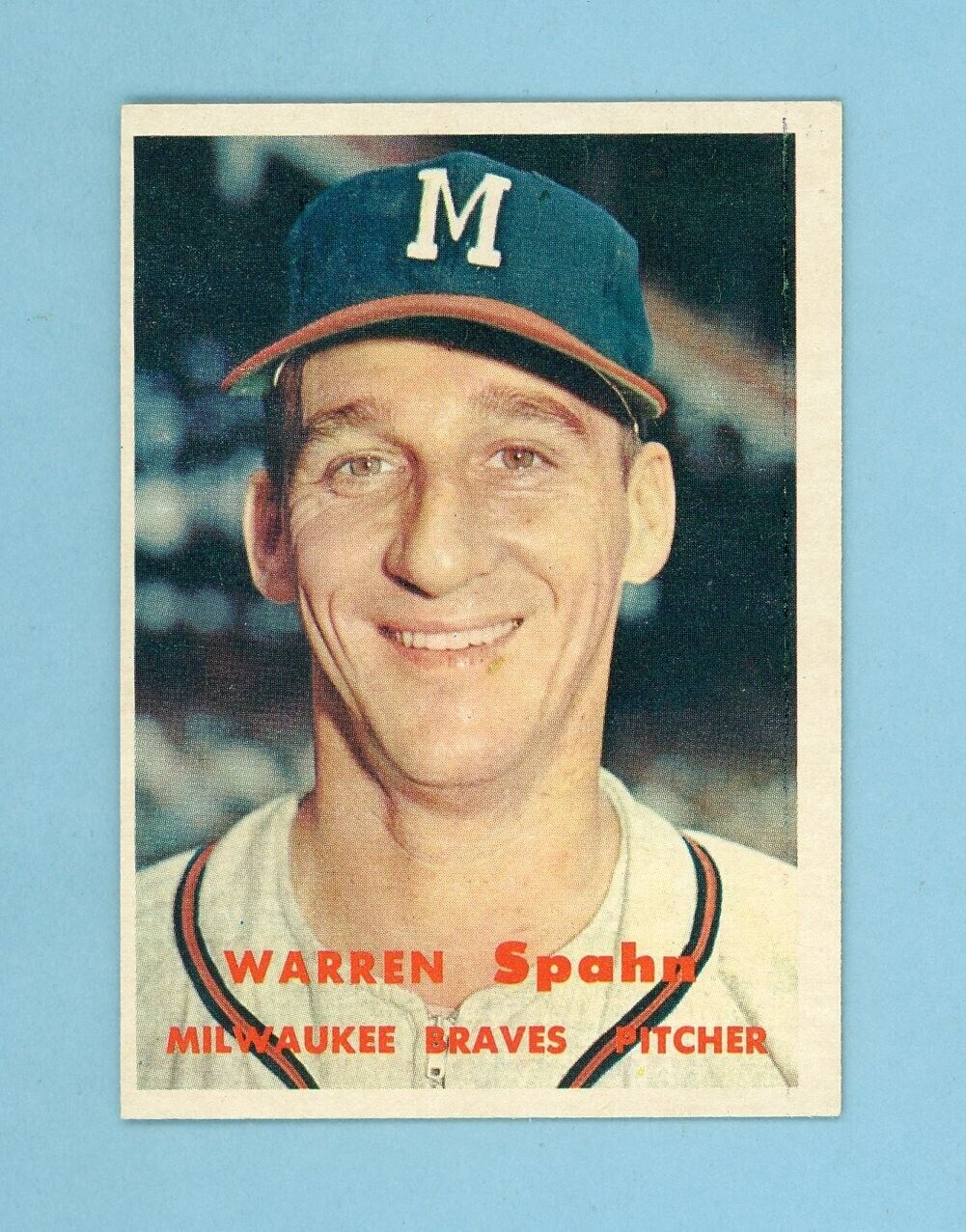 1957 Topps #90 Warren Spahn Milwaukee Braves Baseball Card NM o/c prt mk tr