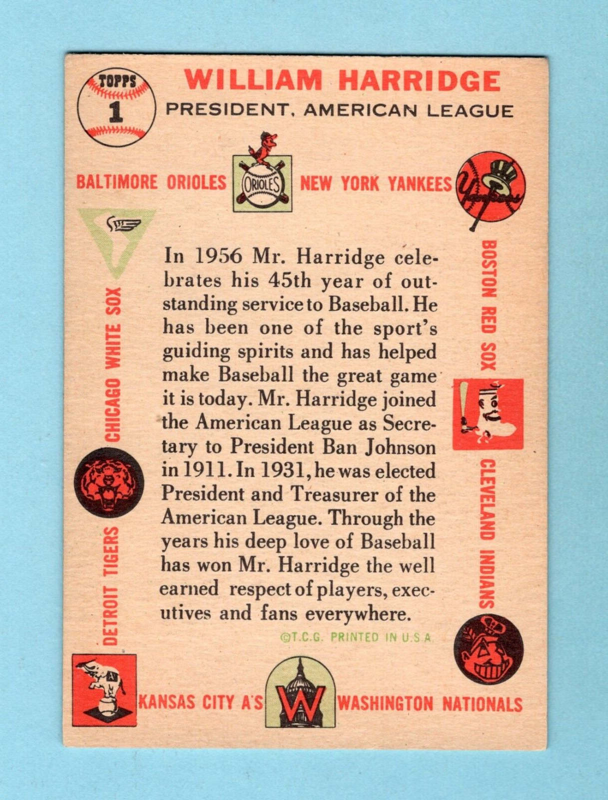 1956 Topps #1 William Harridge American League President Baseball Card EX