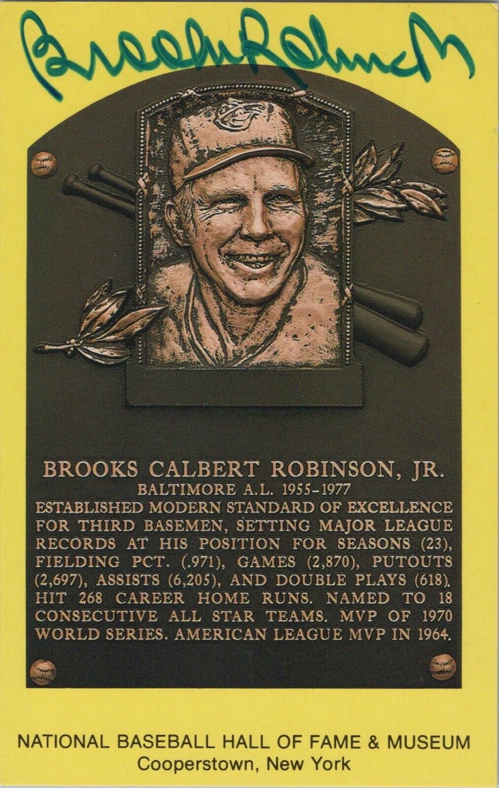 Brooks Robinson Signed Yellow HOF Plaque with B&E Hologram