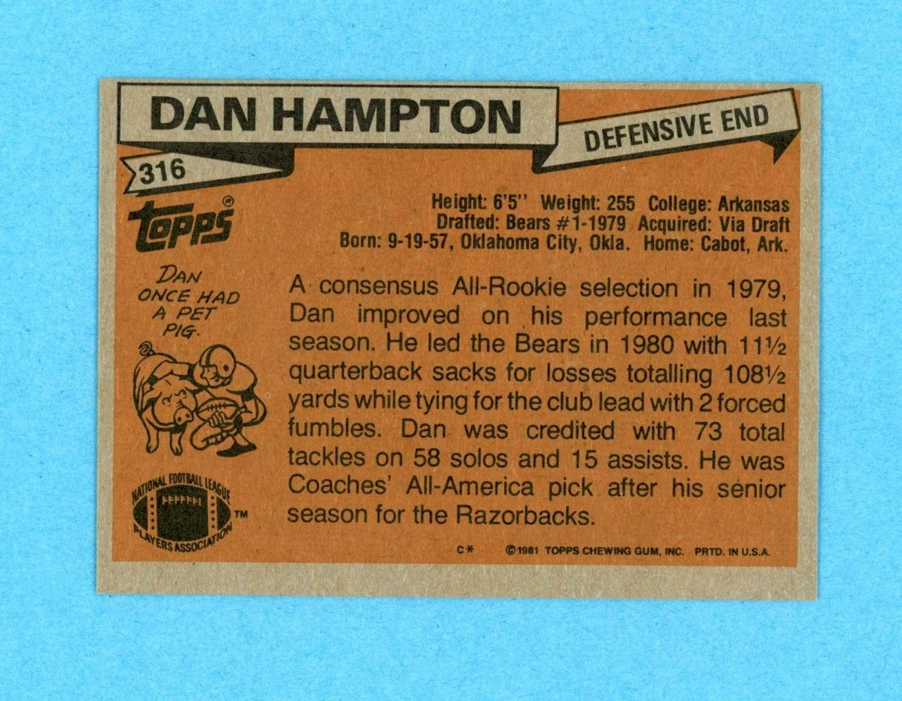 Dan Hampton Chicago Bears 1981 Topps #316 Autographed Football Card