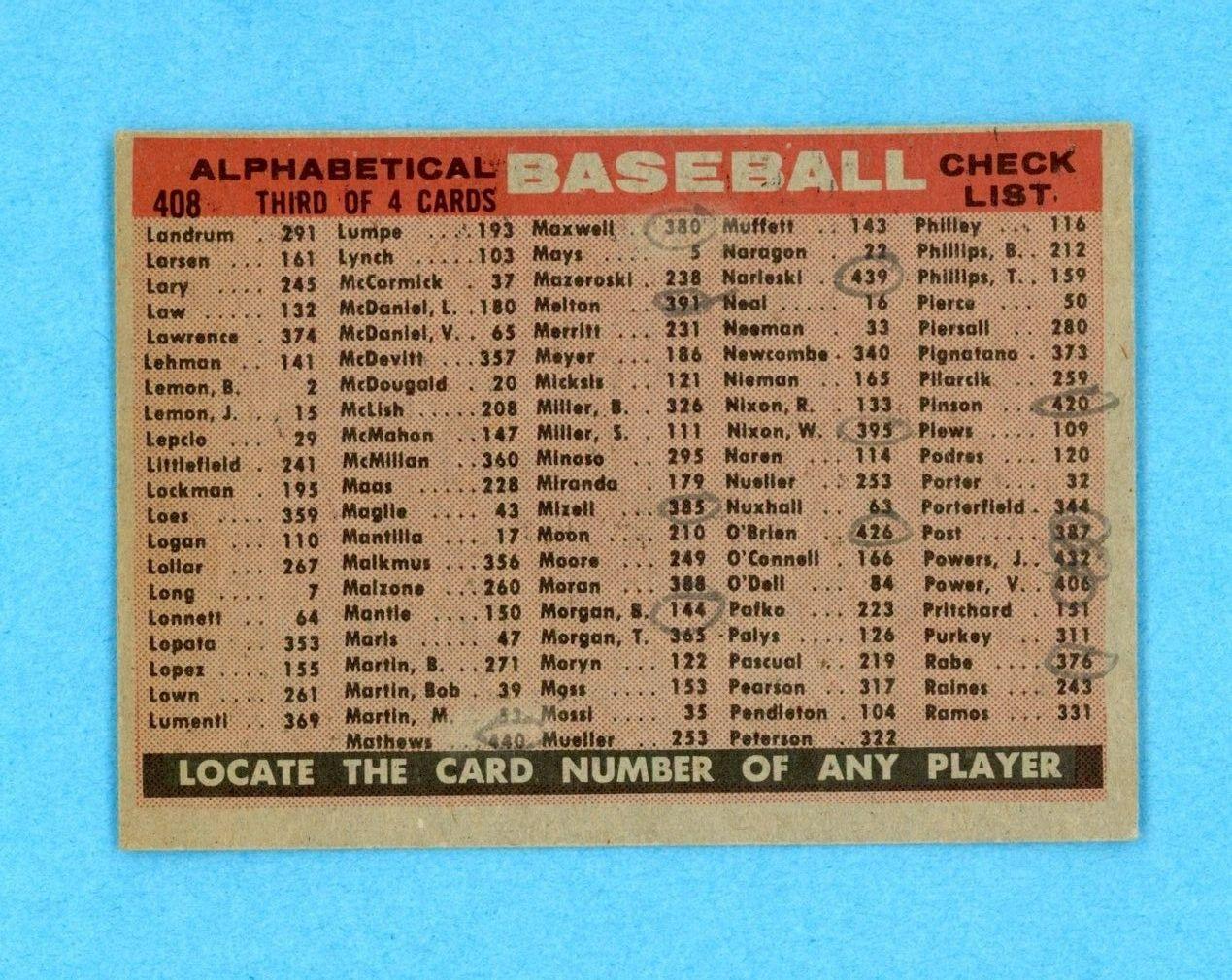 1958 Topps #408 Baltimore Orioles Team Baseball Card EX Mks on Bk alpha Vari