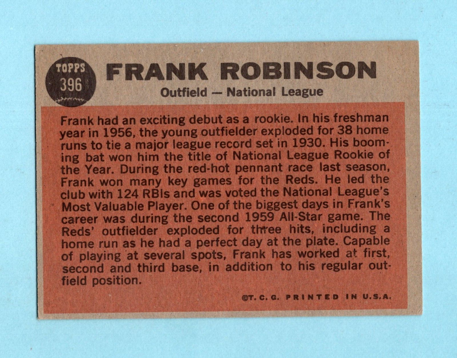 1962 Topps #396 Frank Robinson All-Star Cincinnati Reds Baseball Card EX