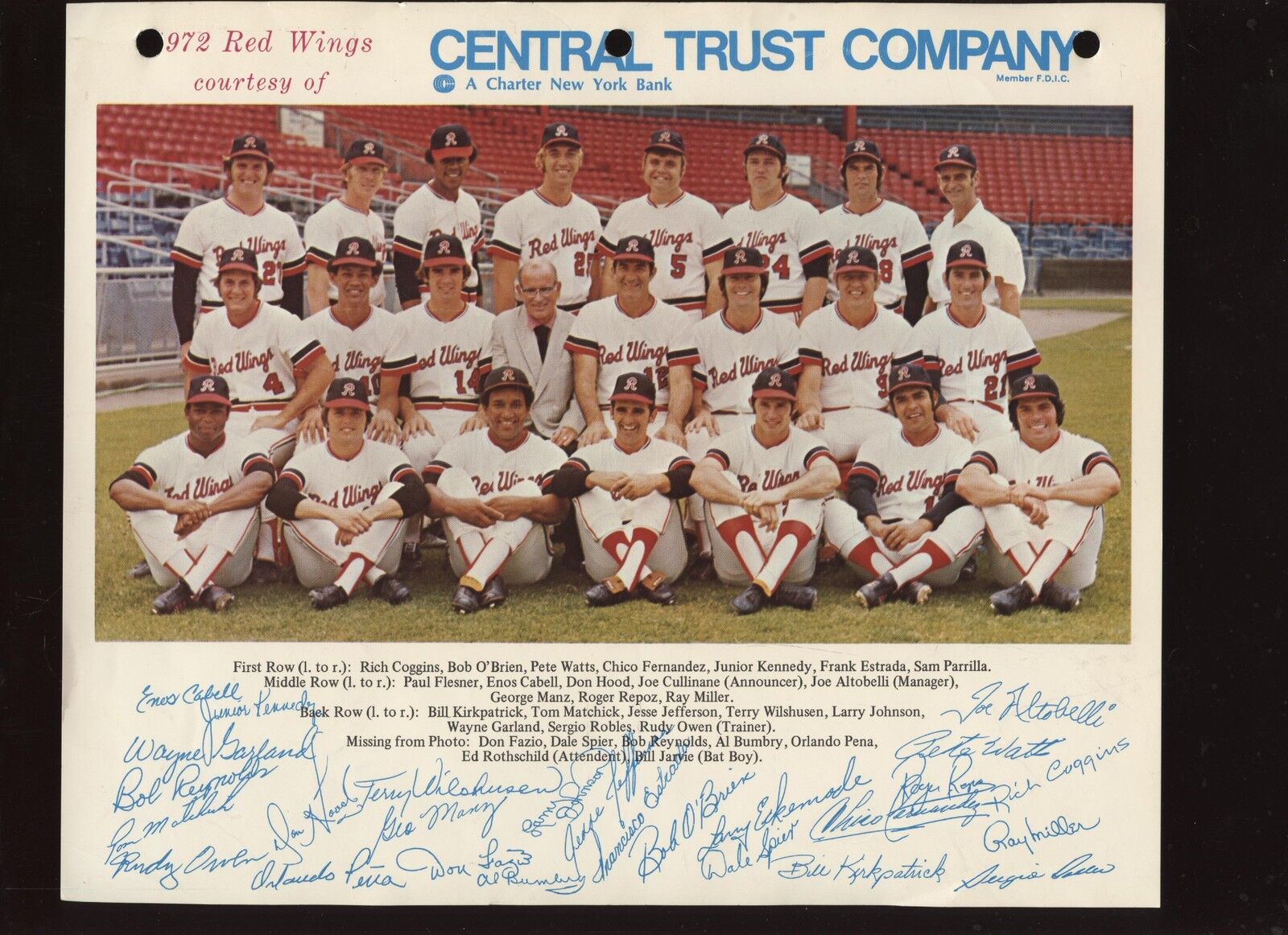 1972 Rochester Red Wings International League Baseball Team Photo VGEX