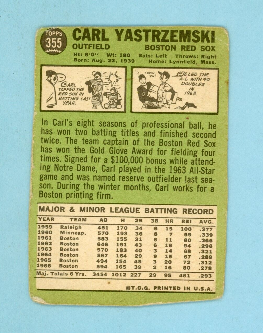 1967 Topps #355 Carl Yastrzemski Boston Red Sox Baseball Card Low Grade TRIMMED