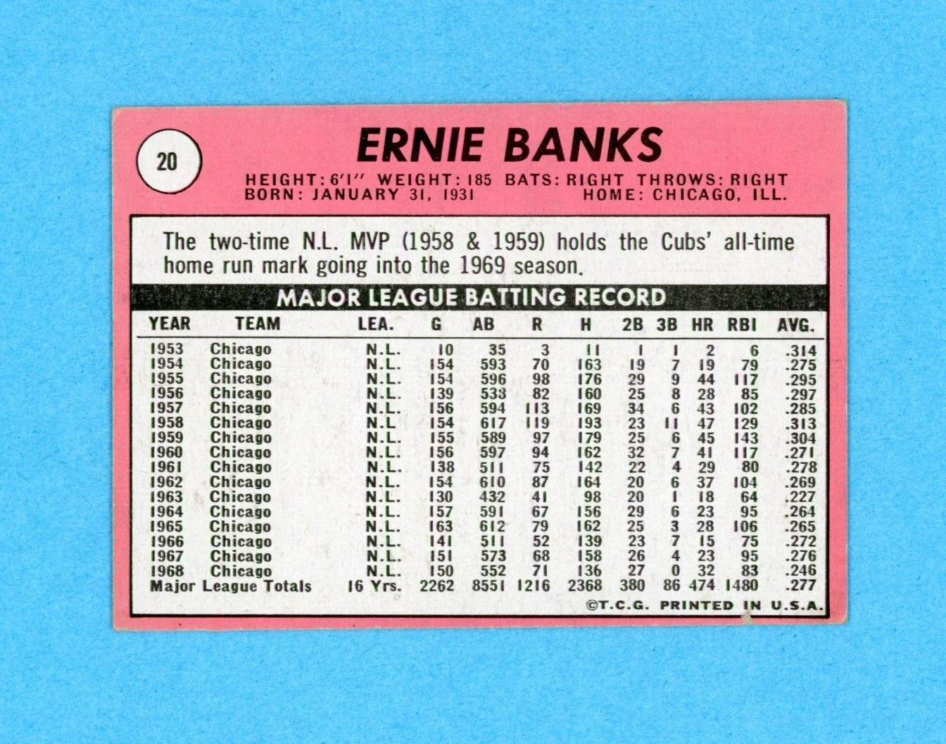 1969 Topps #20 Ernie Banks Chicago Cubs Baseball Card EX - EX+ dia shp tsbk