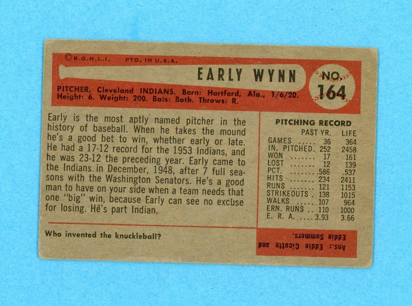 1954 Bowman #164 Early Wynn Cleveland Indians Baseball Card Vg/Ex lwab