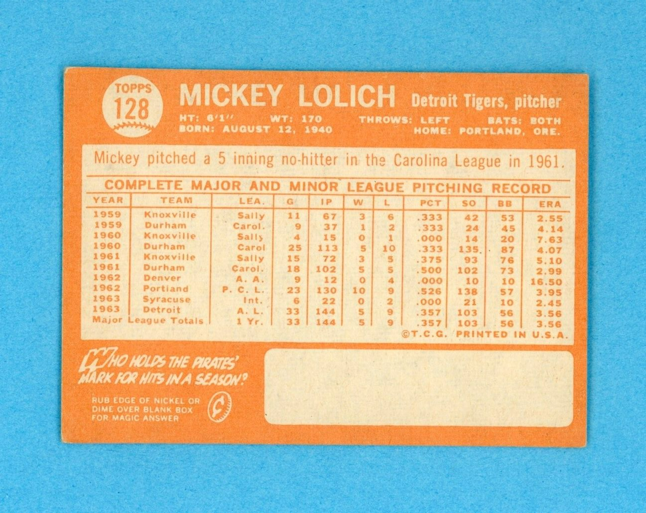 1964 Topps #128 Mickey Lolich Detroit Tigers Rookie Baseball Card EX - EX+