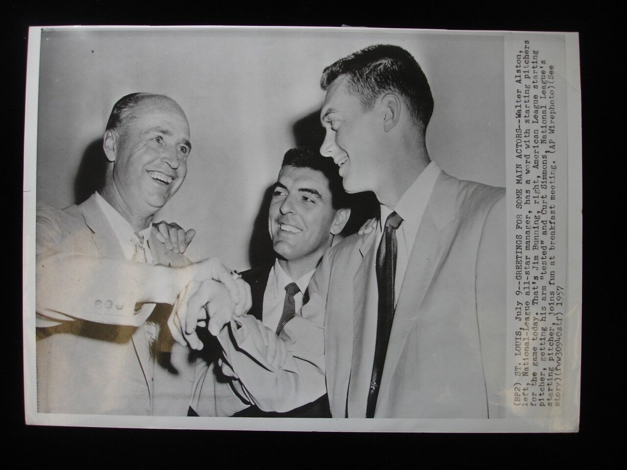 Original 1957 7" x 10" Wire Photograph of Walt Alston, Jim Bunning, Curt Simmons