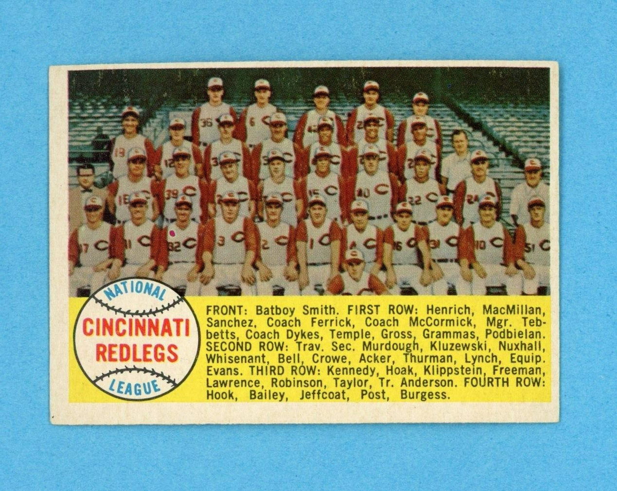 1958 Topps #428 Cincinnati Redlegs Team Alpha Variation Baseball Card Ex/Mt - NM