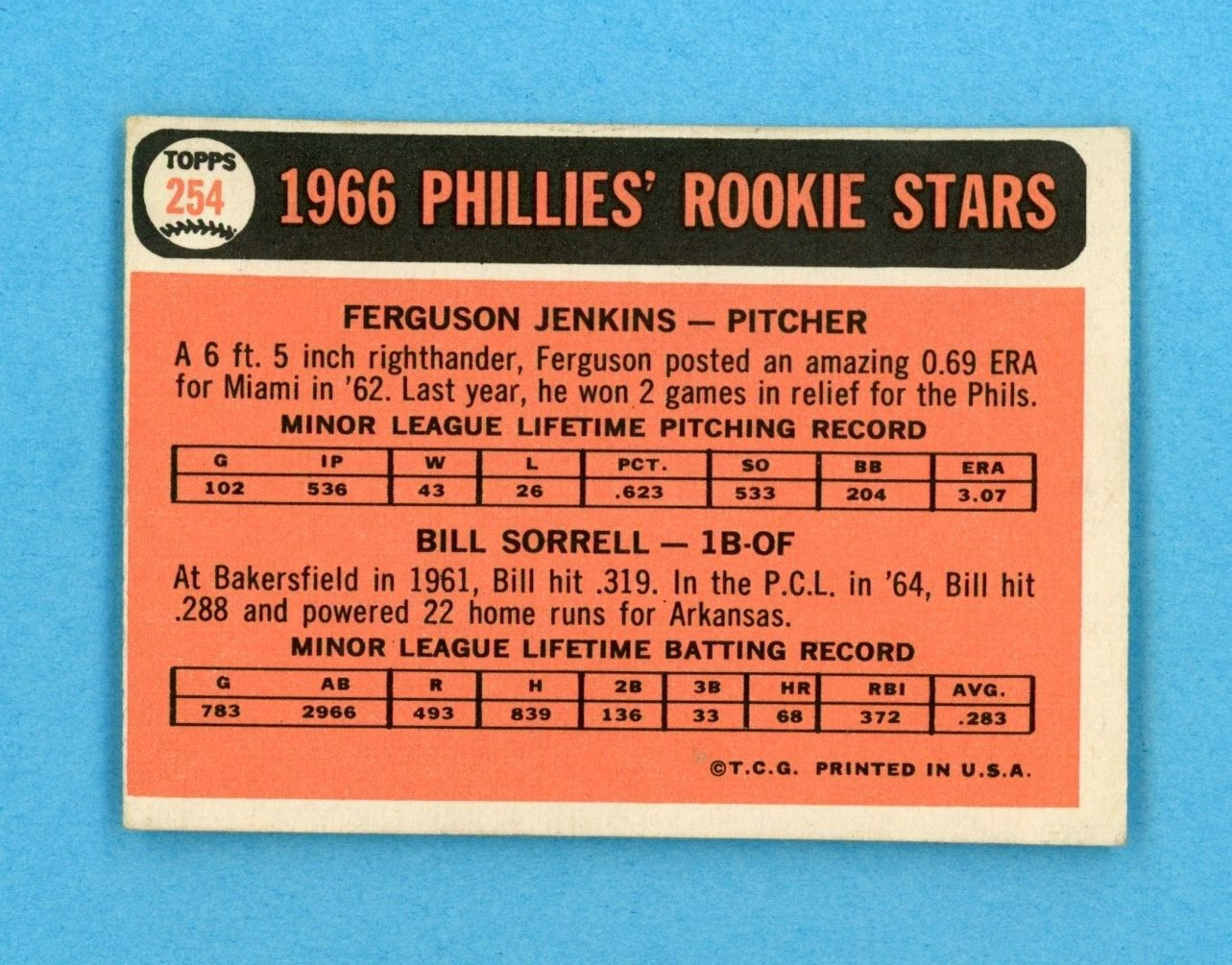 1966 Topps #254 Ferguson Jenkins Phila Phillies Rookie Baseball Card Low Grade