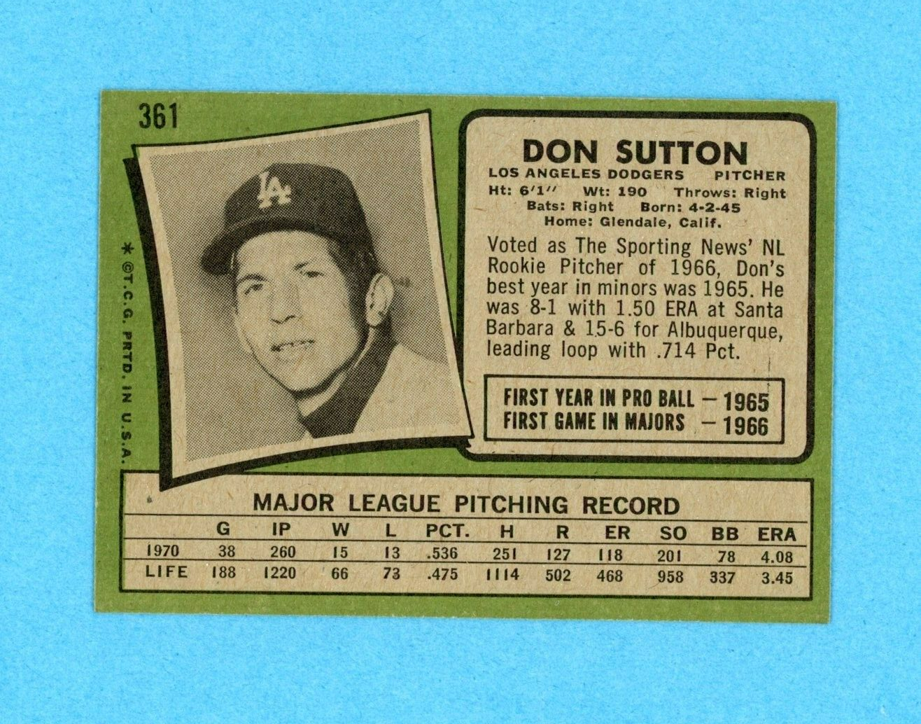 1971 Topps #361 Don Sutton Los Angeles Dodgers Baseball Card Ex/Mt - NM