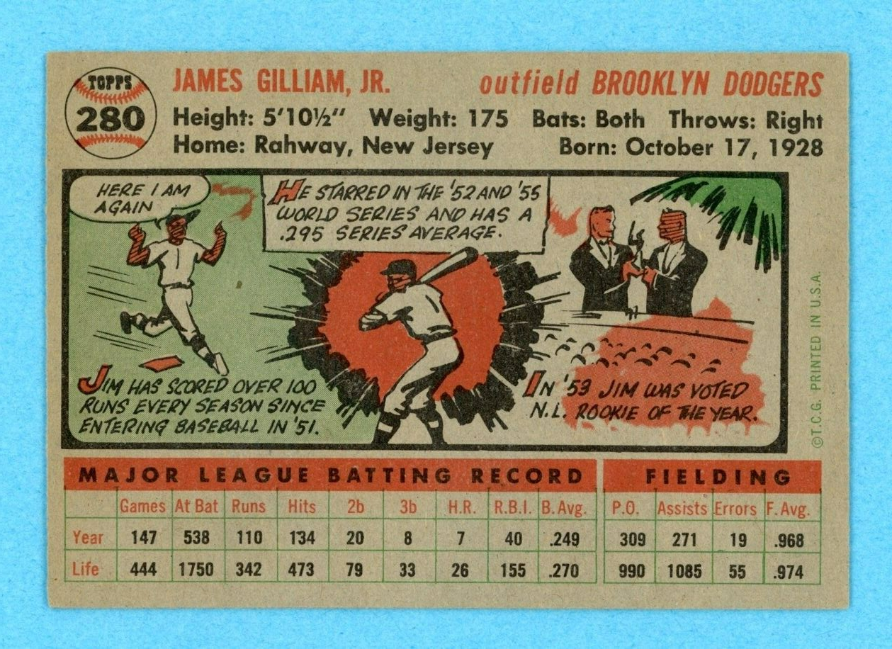 1956 Topps #280 Junior Gilliam Brooklyn Dodgers Baseball Card EX - EX+