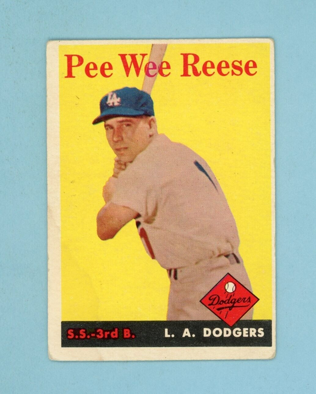 1958 Topps #375 Pee Wee Reese Los Angeles Dodgers Baseball Card Vg/Vg+ stain bls