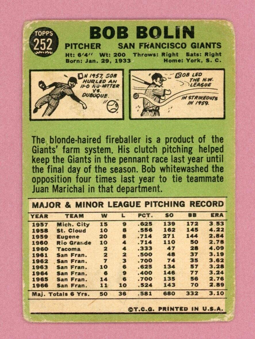 1967 Topps #252 Bob Bolin San Fra Giants White Streak Variation Baseball Card LG