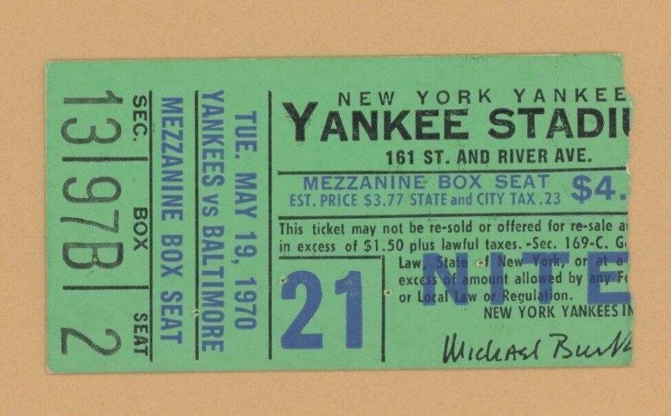 5/19/70 New York Yankees Ticket Stub vs Baltimore Orioles @ Yankee Stadium