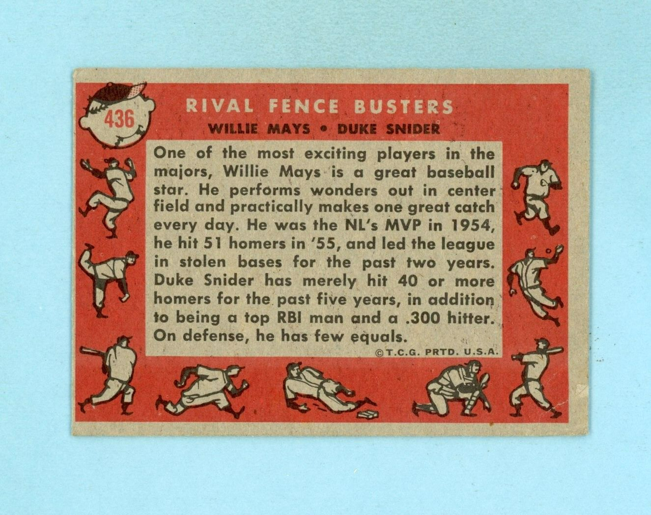 1958 Topps #436 Rival Fence Busters Mays, Snider Baseball Card Low Grade