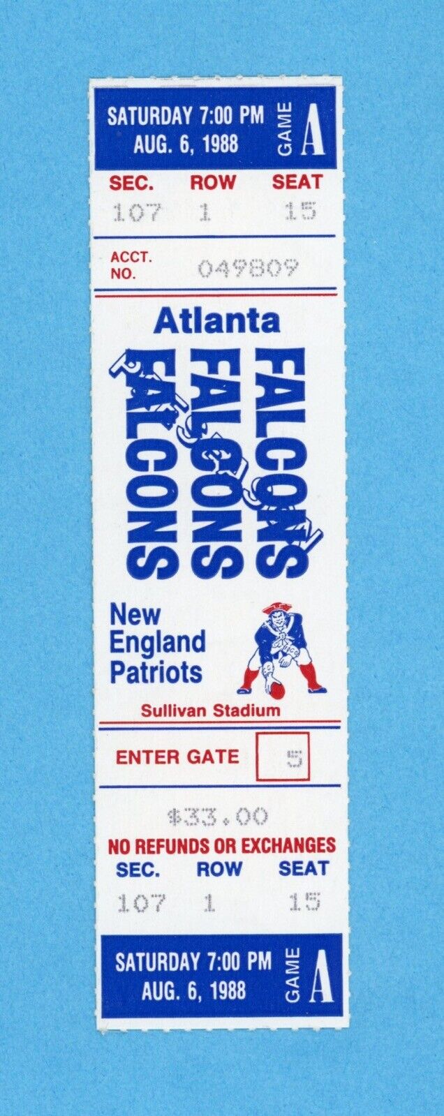 8/6/88 Atlanta Falcons at New England Patriots Full Ticket