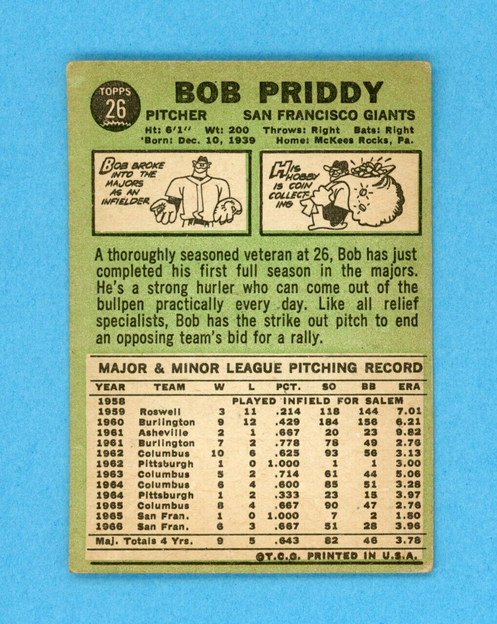 1967 Topps #26 Bob Priddy San Fran Giants Baseball Card VG no trade vari