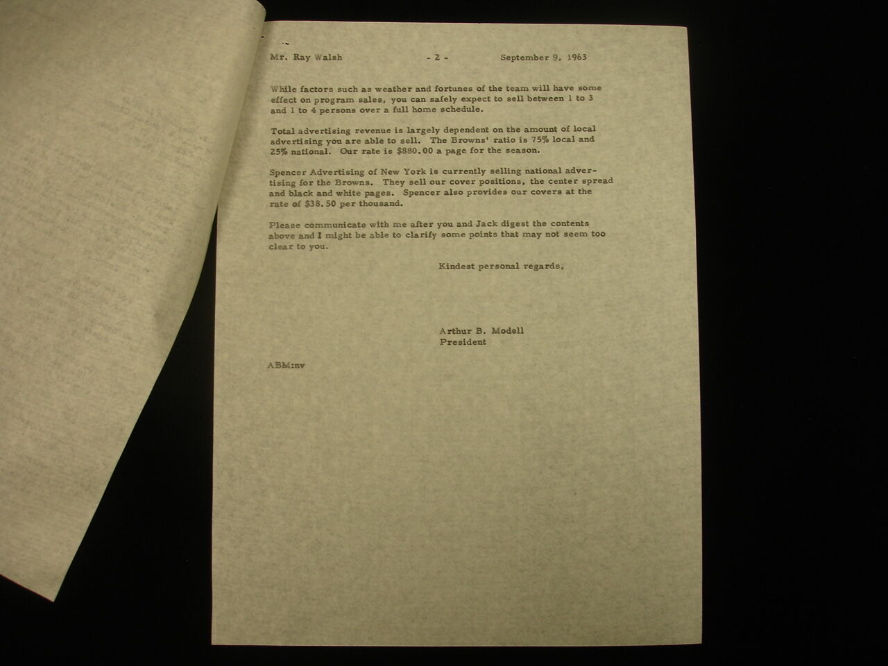 September 9, 1963 New York Giants Letter to Ray Walsh