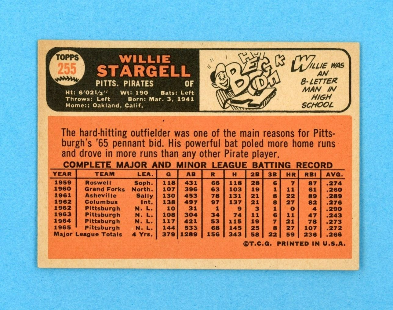 1966 Topps #255 Willie Stargell Pittsburgh Pirates Baseball Card E+ - E/M ap scr