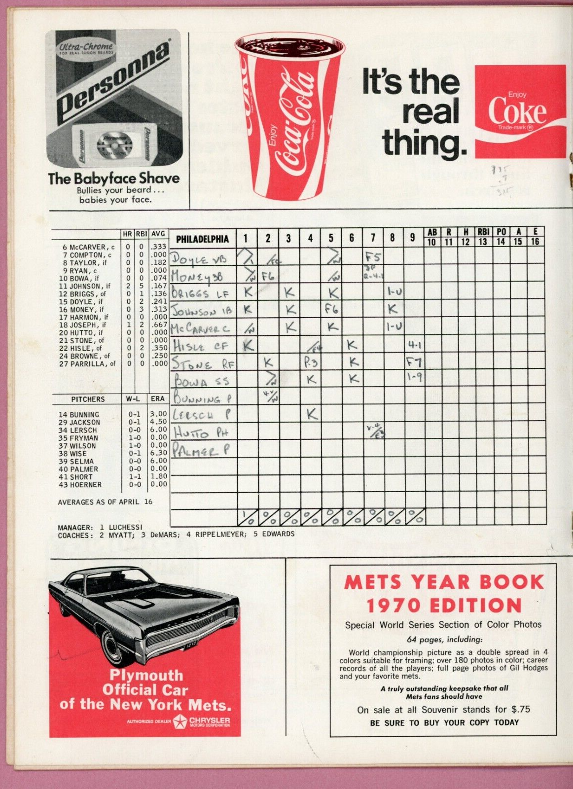 April 18, 1970 Phila Phillies vs New York Mets Program Nolan Ryan One Hitter