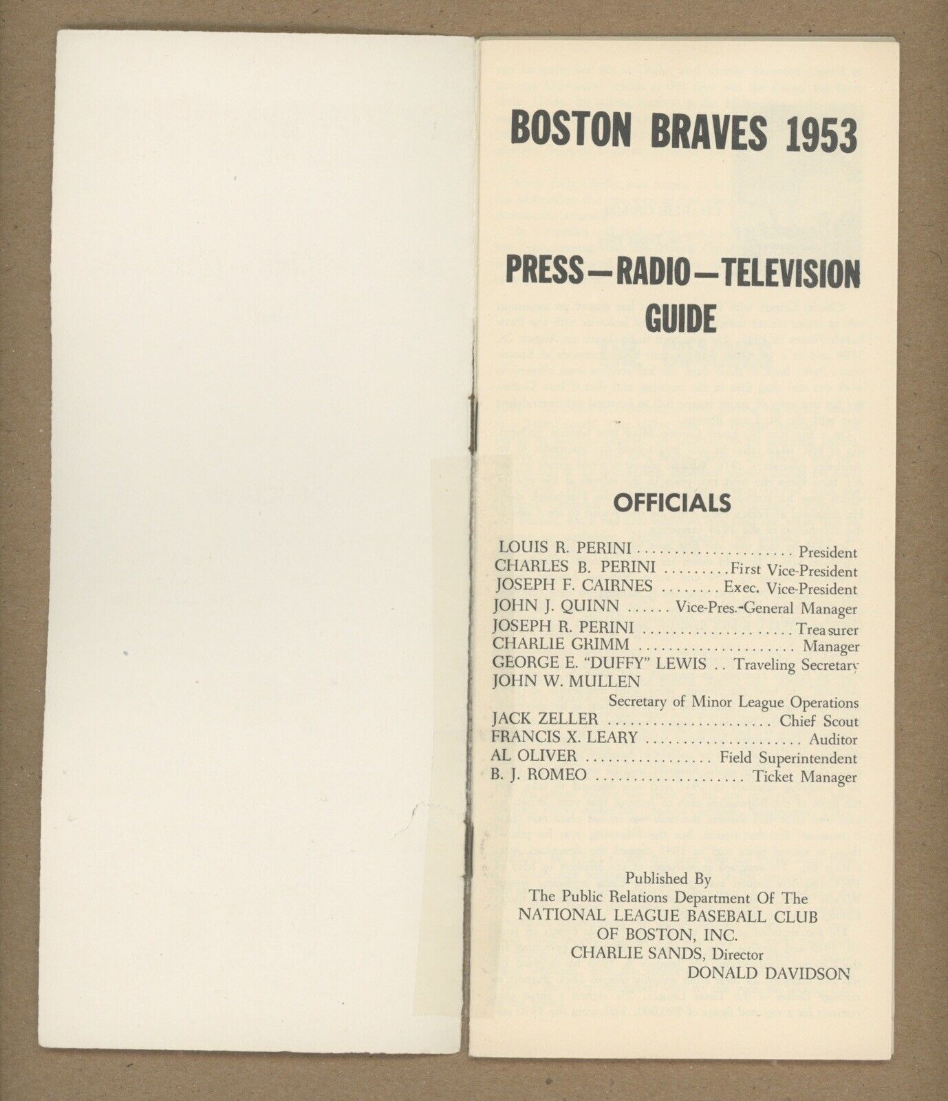 1953 Boston Braves Spring Training Press Media Guide