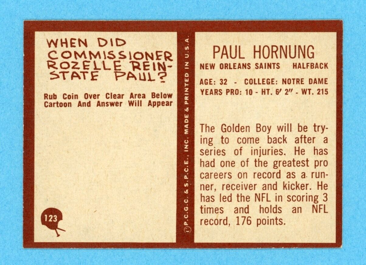 1967 Philadelphia #123 Paul Hornung New Orleans Saints Football Card E/M ap ind