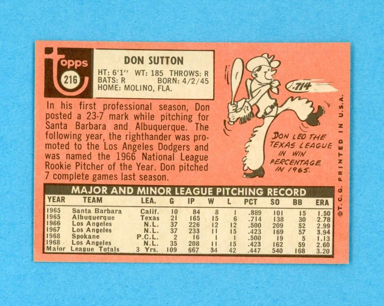 1969 Topps #216 Don Sutton Los Angeles Dodgers Baseball Card NM