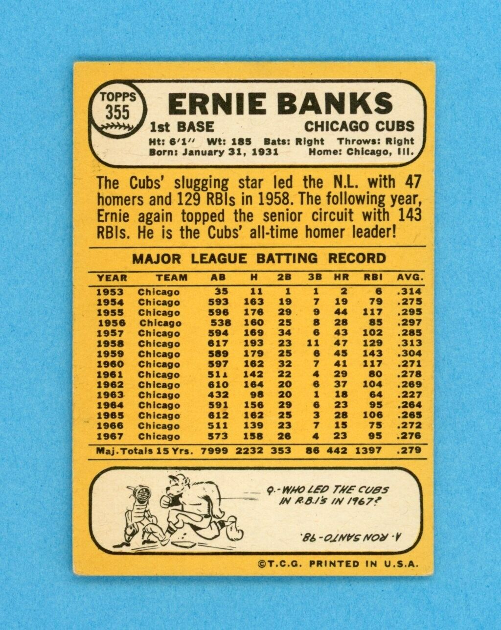 1968 Topps #355 Ernie Banks Chicago Cubs Baseball Card Vg/Ex flwc bra