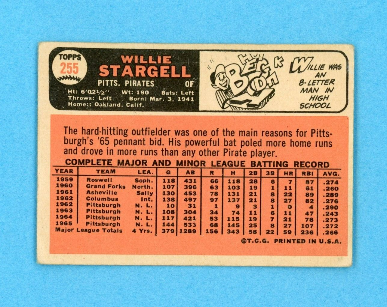 1966 Topps #255 Willie Stargell Pittsburgh Pirates Baseball Card Low Grade