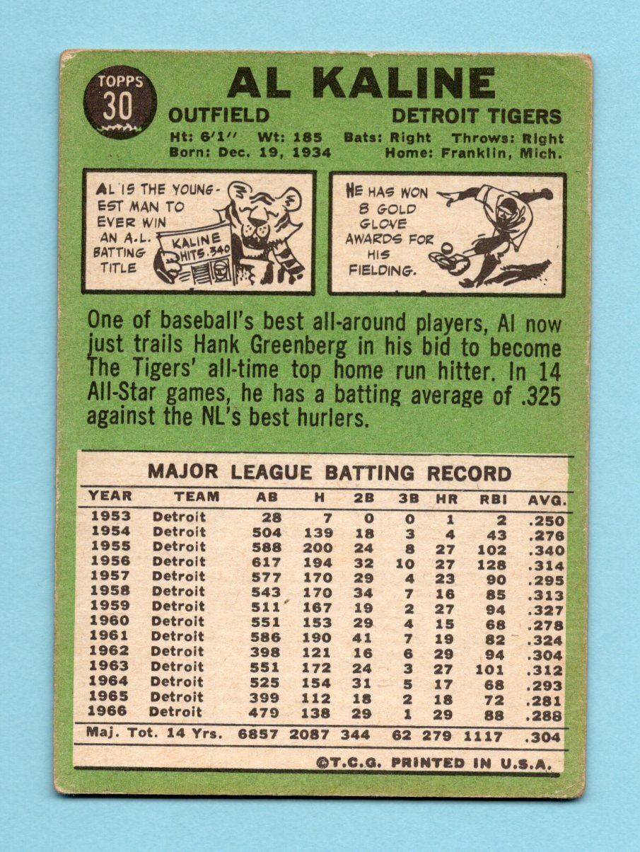 1967 Topps #30 Al Kaline Detroit Tigers Baseball Card VG+