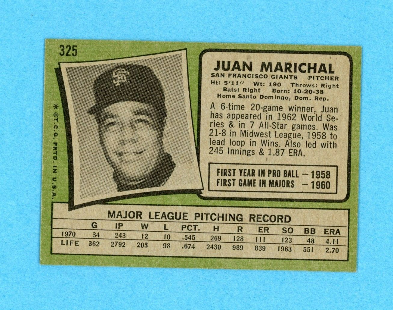 1971 Topps #325 Juan Marichal San Francisco Giants Baseball Card EX++ - Ex/Mt oc