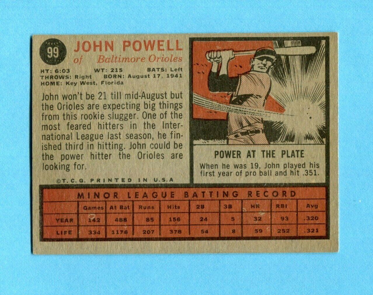 1962 Topps #99 Boog Powell Baltimore Orioles Rookie Baseball Card EX o/c sltwp  